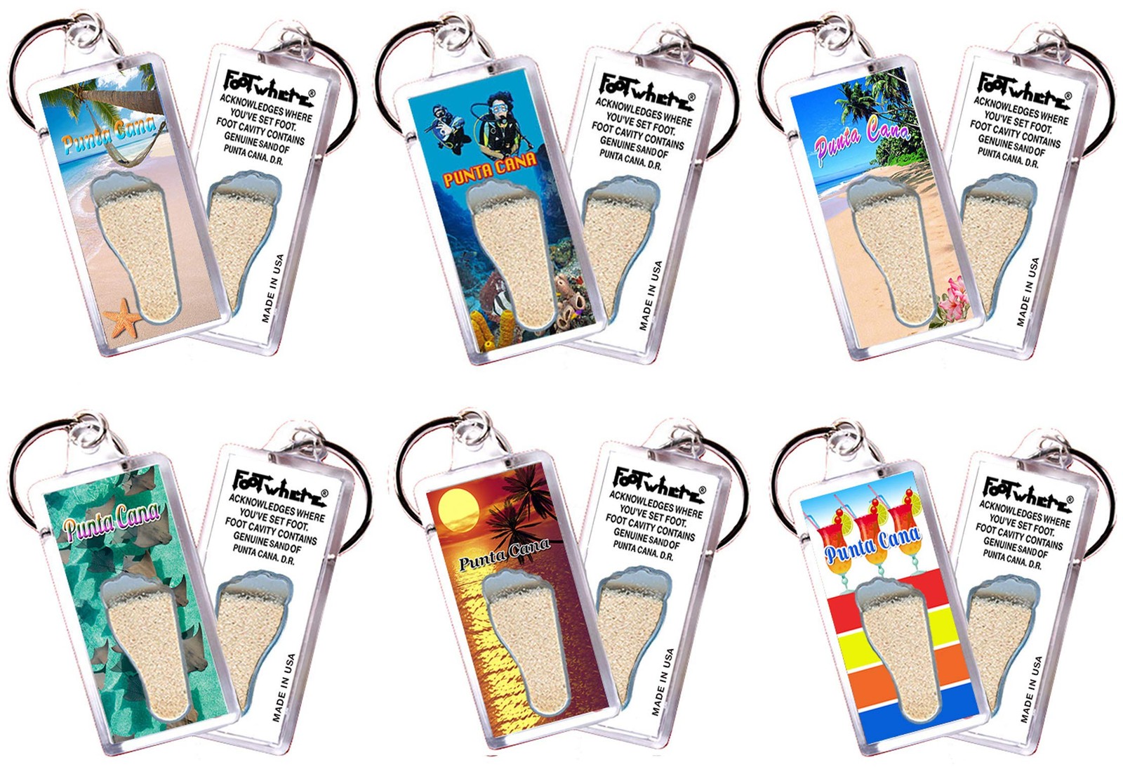 FootWhere Punta Cana Keychains 6-Pc Set, Authentic Souvenir with Genuine Soil