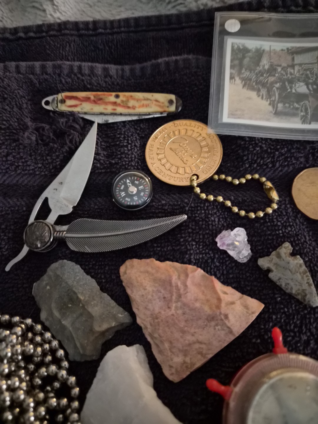 Vintage Junk Drawer – Coins, Arrowheads, Fossils, Knives Compass, & Collectibles