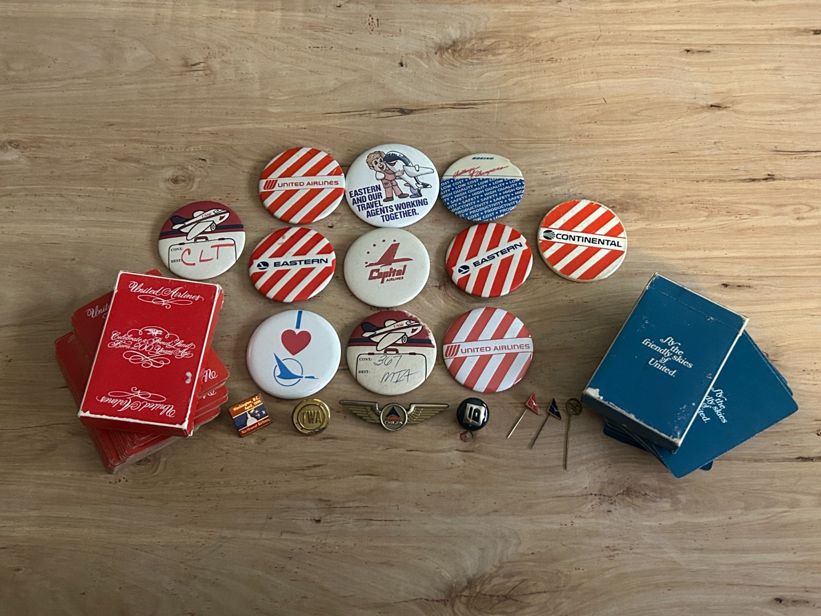 Airlines Vintage Junk Drawer Lot 21 Cards Pinback Button Lapel Stick Pin Wings