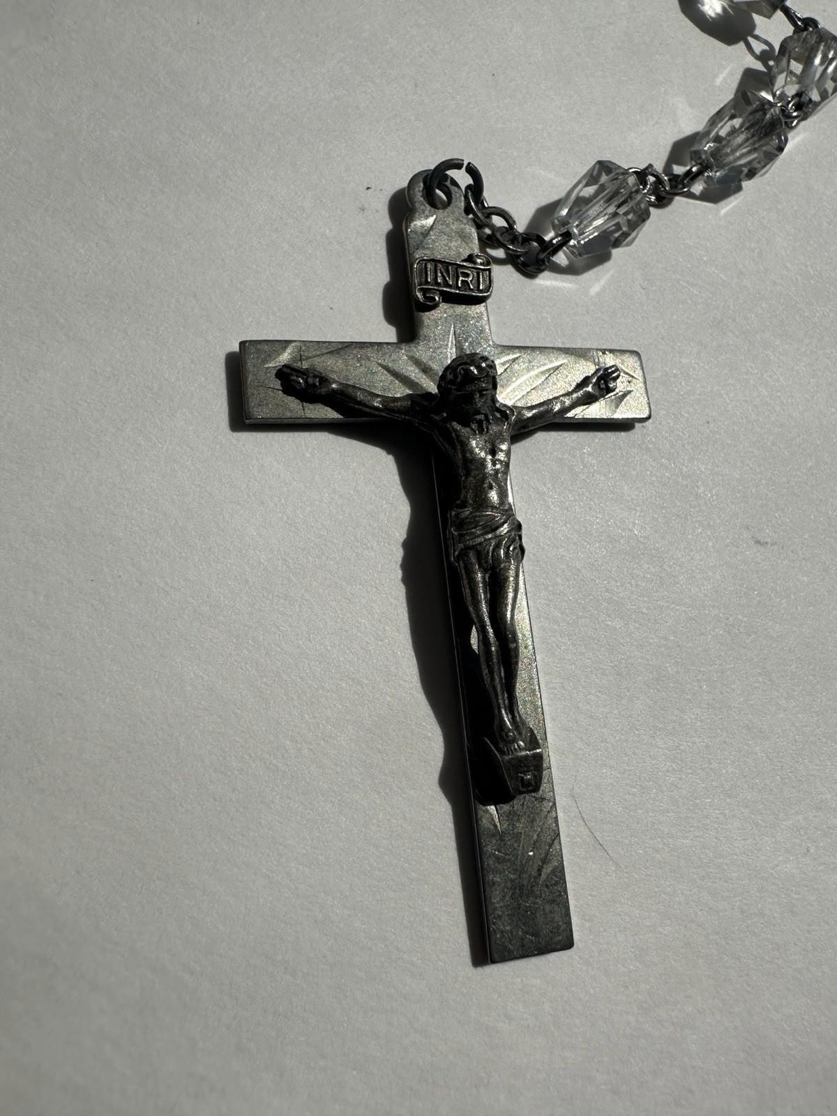 Vintage Sterling Silver Crucifix Clear Faceted Tear Drop Crystal Bead Rosary 19”