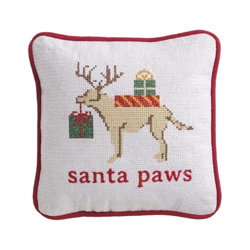 Mud Pie Christmas Santa Paws Needlepoint Pillow, 8″ x 8″, White