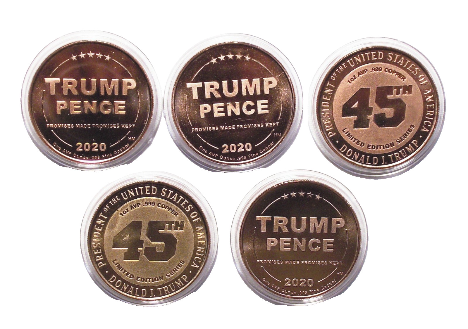 Lot of Five – 2020 Donald J. Trump & Pence Copper Rounds