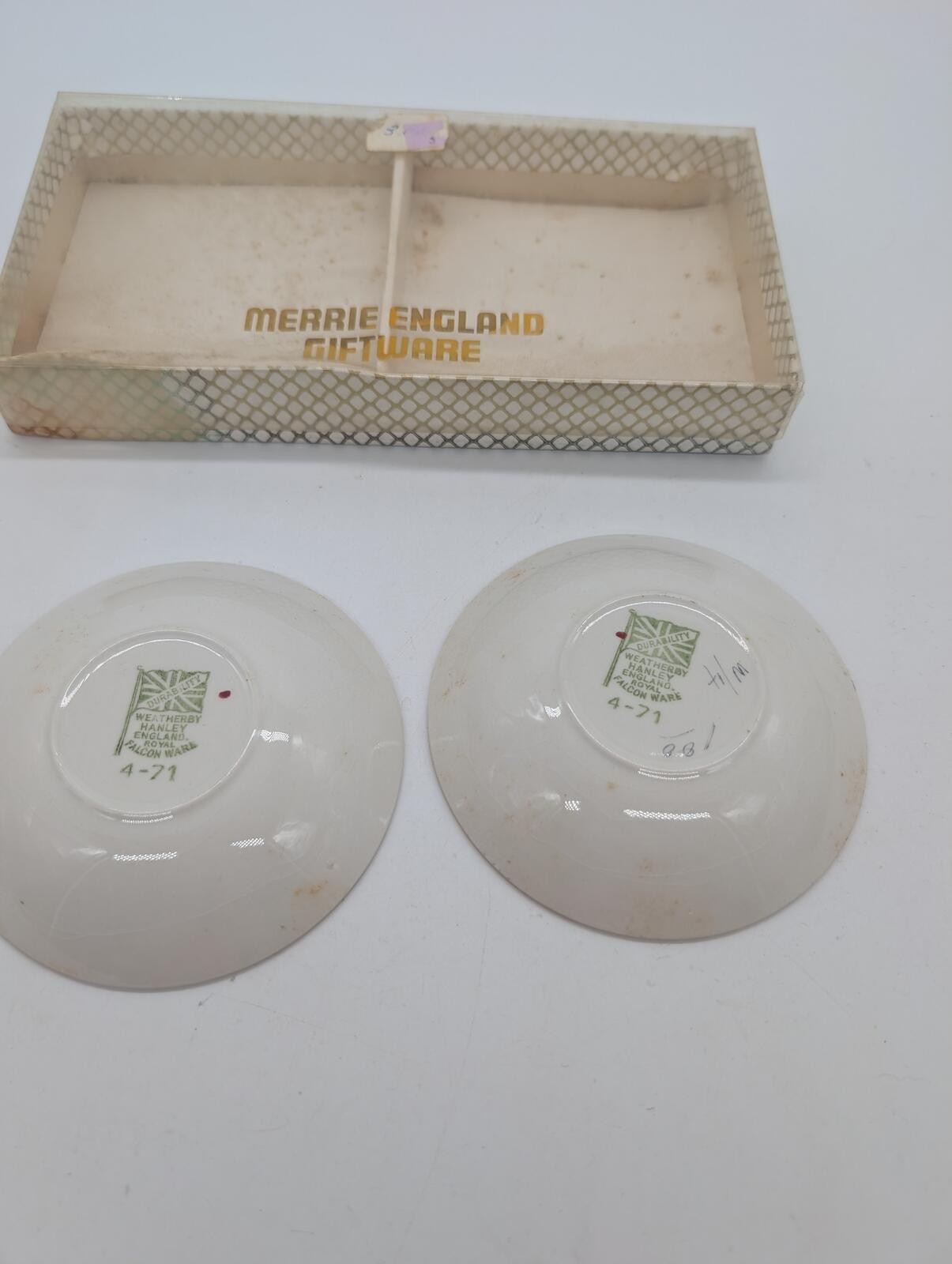Merrie England Ware Bird Dishes Pair w/ Original Box Gold Burgundy England