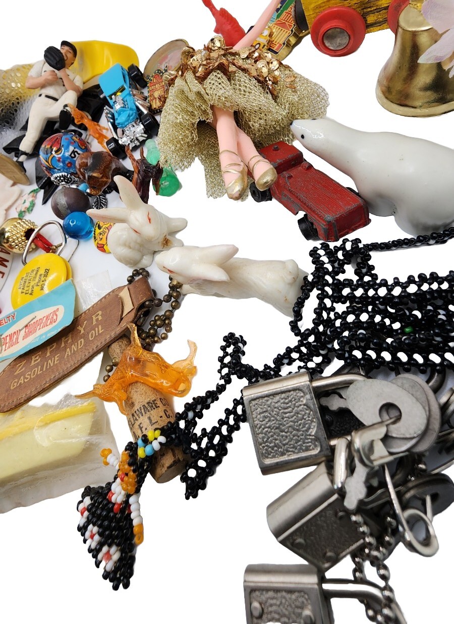 Vintage Antique Junk Drawer Lot Toys Keychain Pin Figurines Mixed Materials