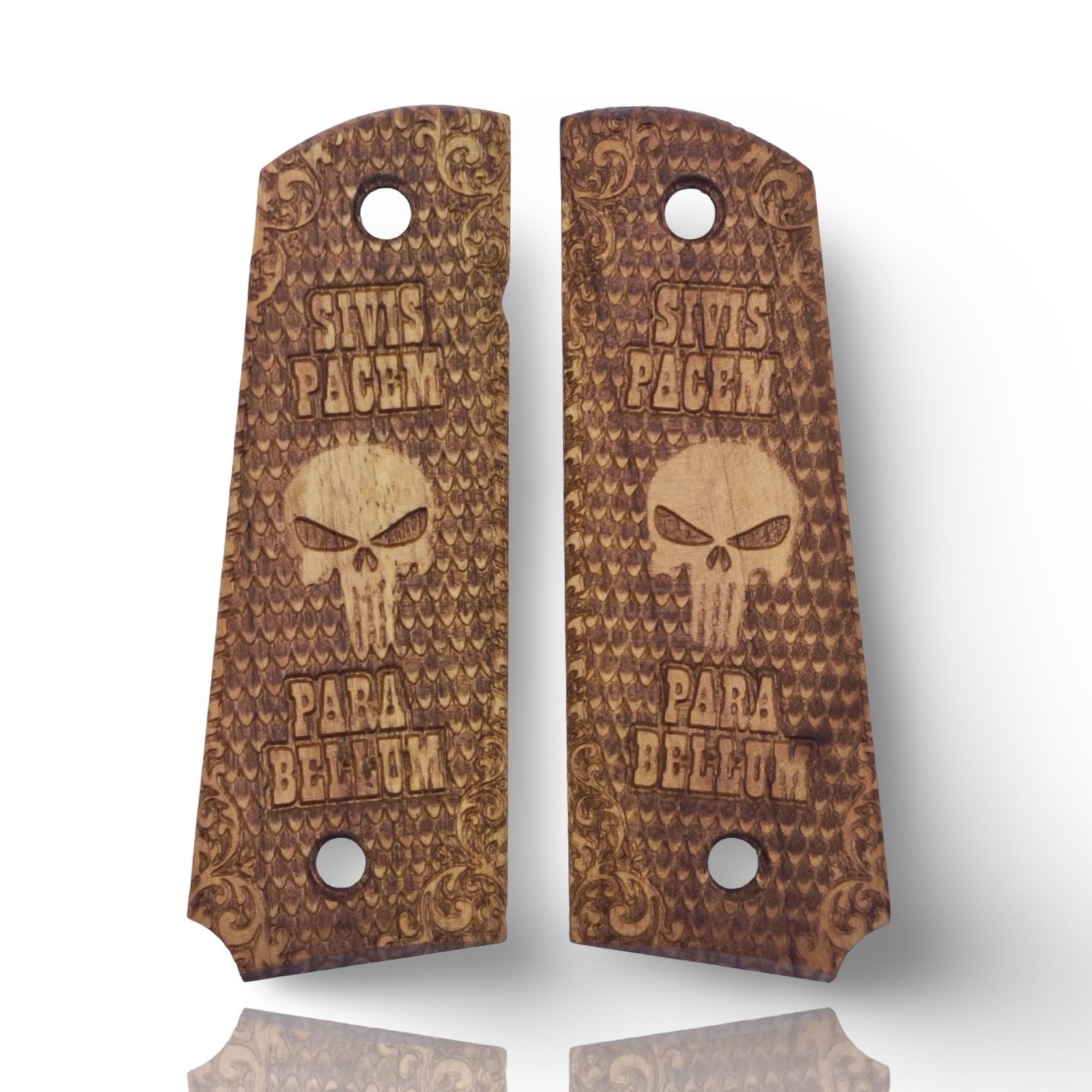Zib Grips Art Series 1911 Walnut Wood Pistol Grips Engraved Punisher Motto
