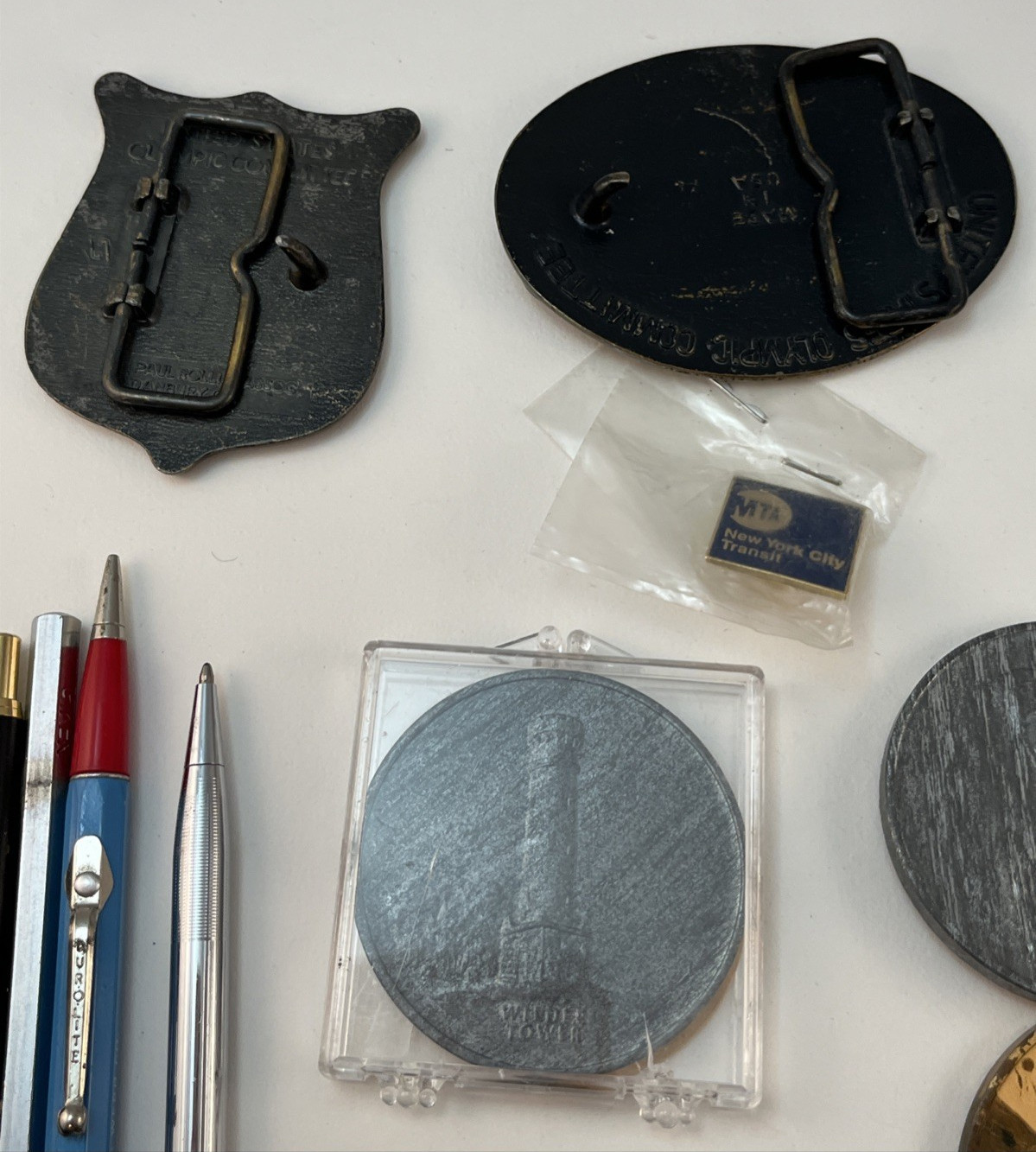 Vintage Tokens Belt Buckles Ink Pens Key Chain Junk Drawer LOT