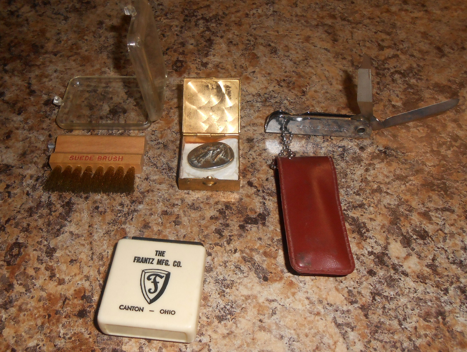 Junk Drawer Lot STANLEY TAPE SUEDE BRUSH NAIL/KNIFE SILVER MEDALLION & BOX