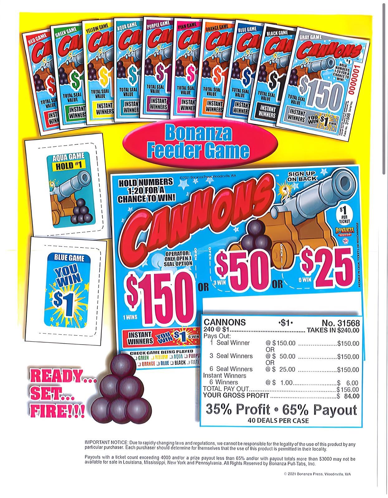 Pull Tab Ticket – Hard Card – Game – Cannons – 240 ct