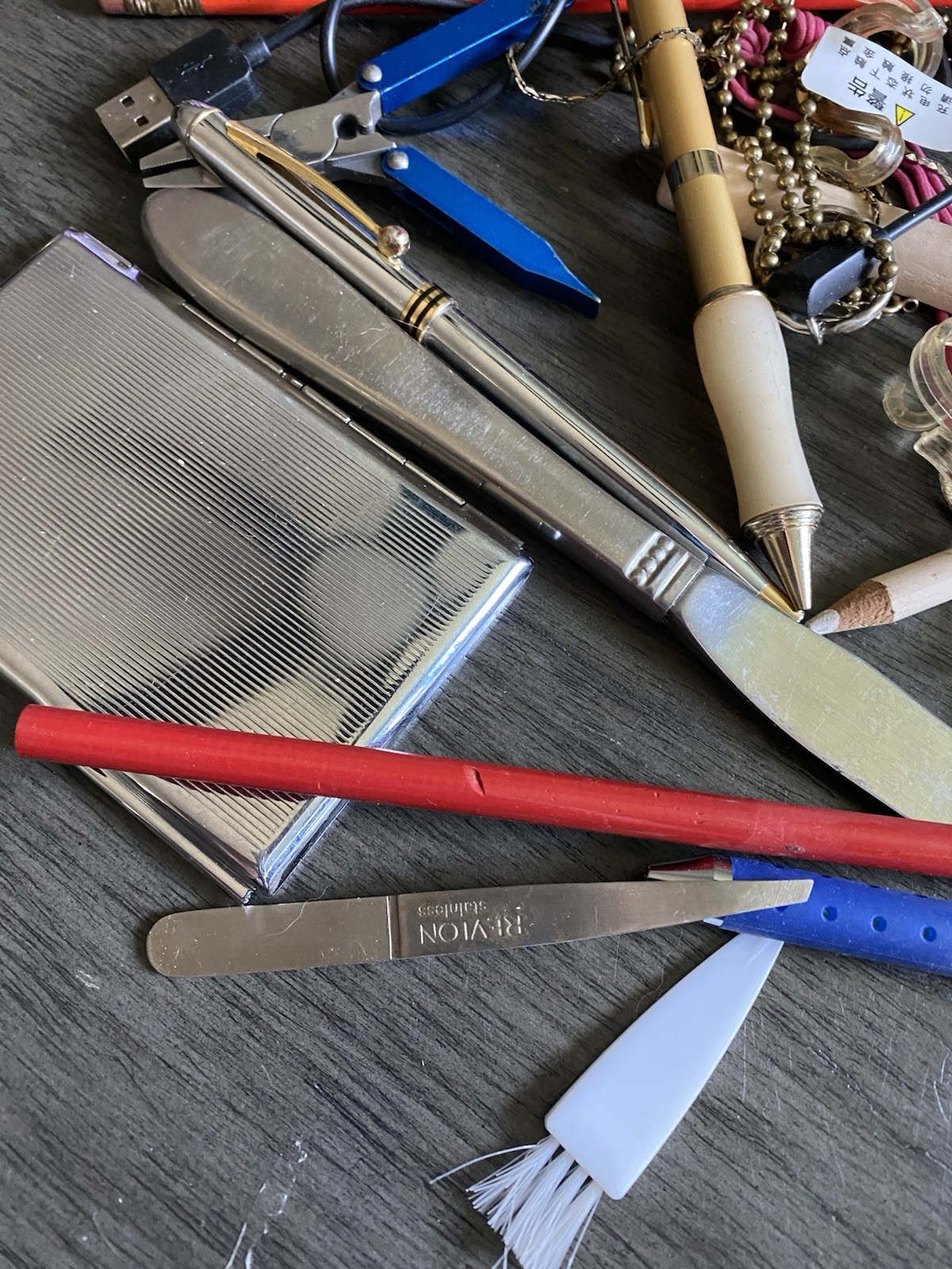 Vintage Estate JUNK DRAWER Lot Pen Knife Nada Books Metals Keys Pencils