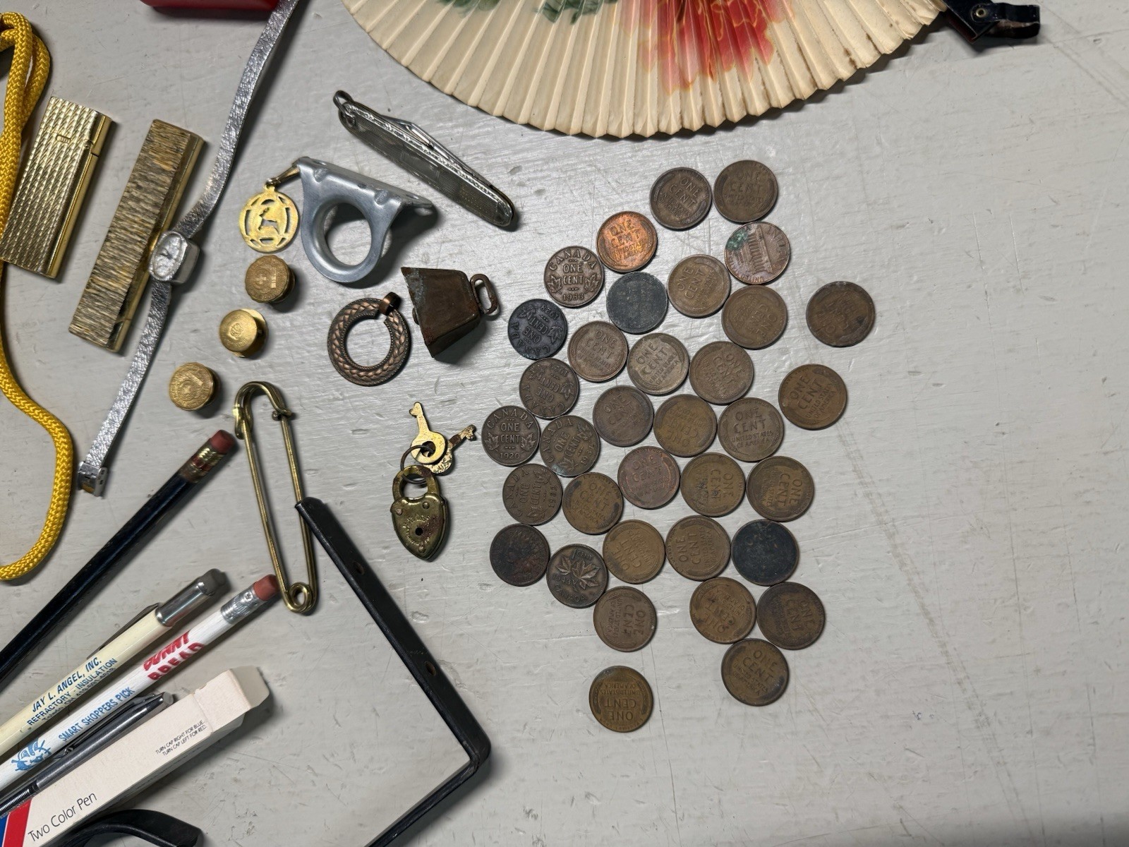 Vintage Estate Junk Drawer Lot #1 Coins, Pins, Pens & more
