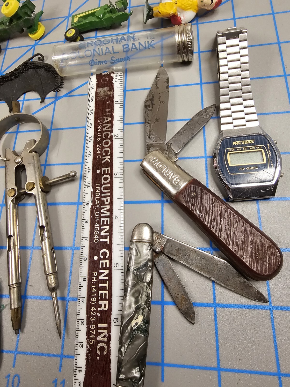 Vintage Junk Drawer Lot Knives Toys Patches Pins Keychain Ruler Figurine More