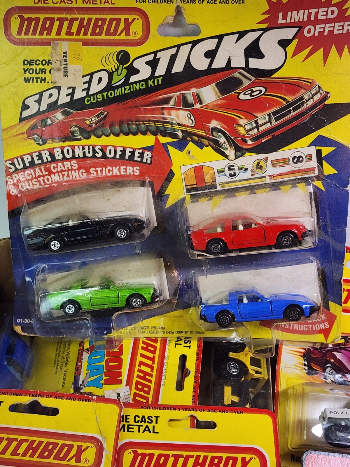 20 NOS Vintage Matchbox Diecast Toy Car & Trucks, Speed Sticks, London Holiday