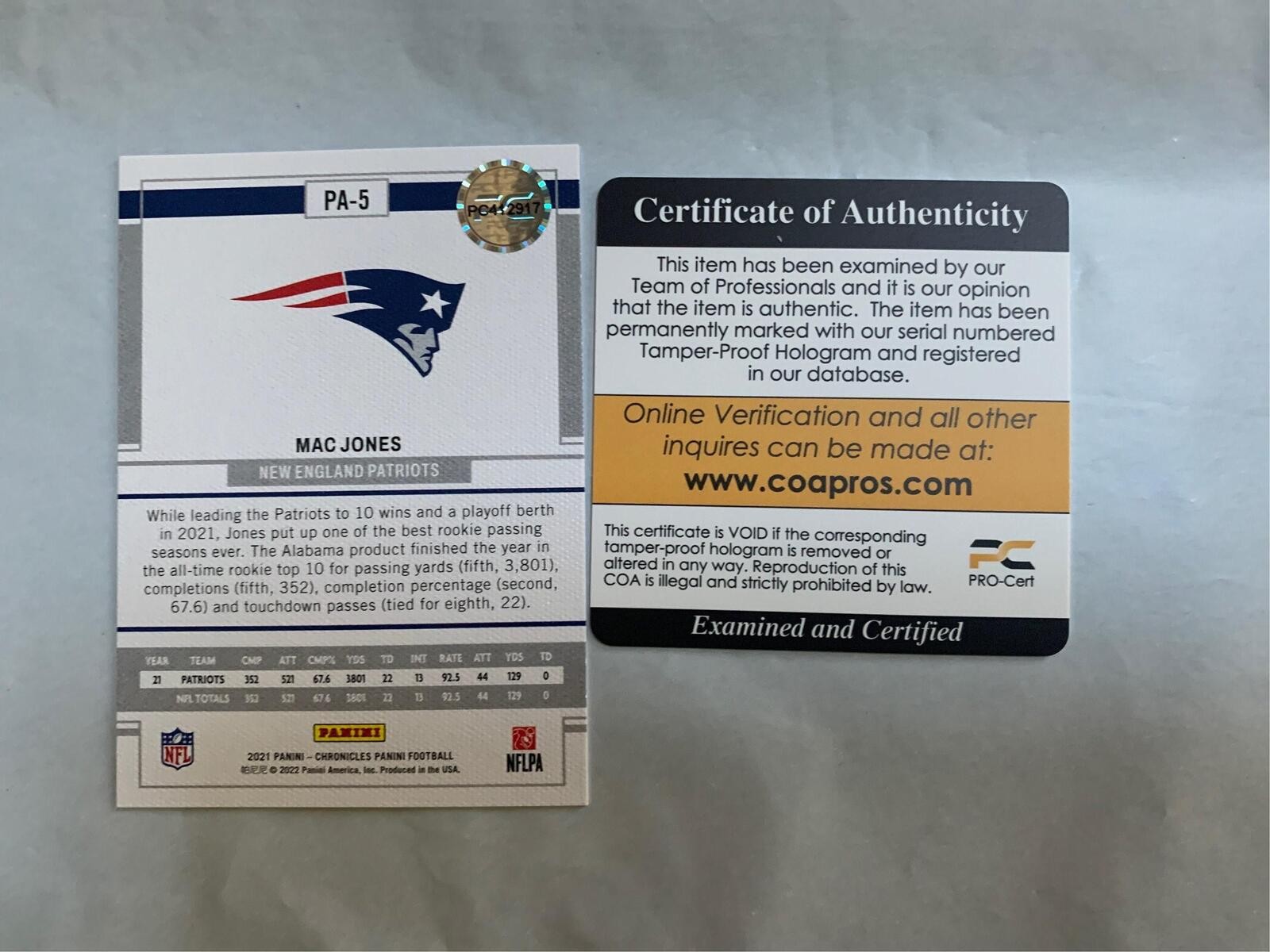 Mac Jones Signed Autographed New England Patroits Football Rookie Card RC COA