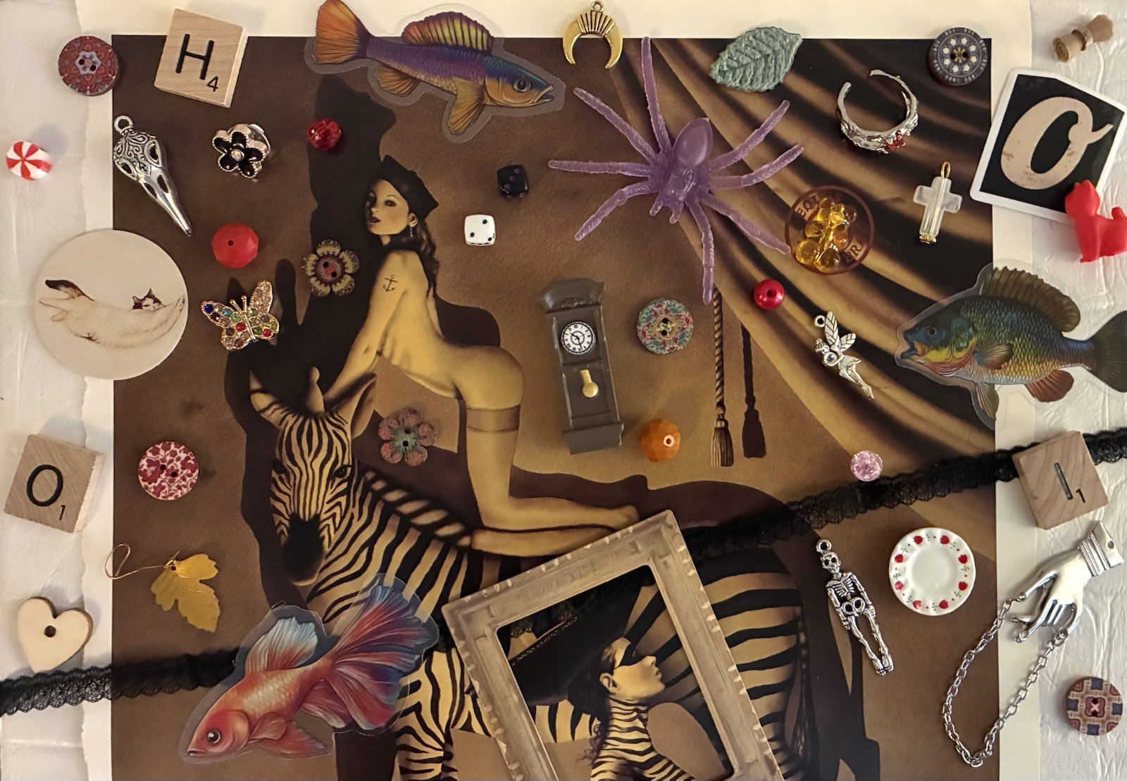 Zebra Book Page Trinkets Charms Ephemera Junk Drawer Surreal Art Lot 40+ Pcs