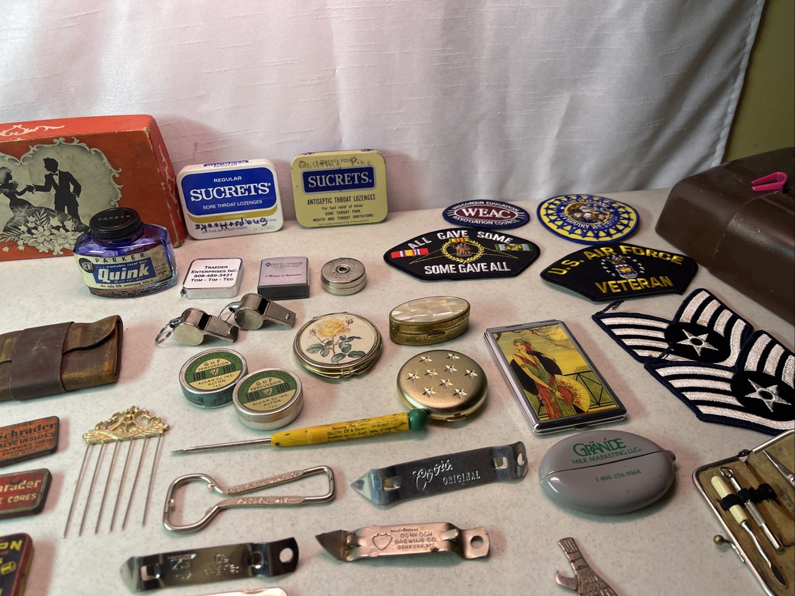 VINTAGE JUNK DRAWER LOT KNIVES, HARMONICA JEWELRY ADVERTISING SCOUTS WHEAT PENNY