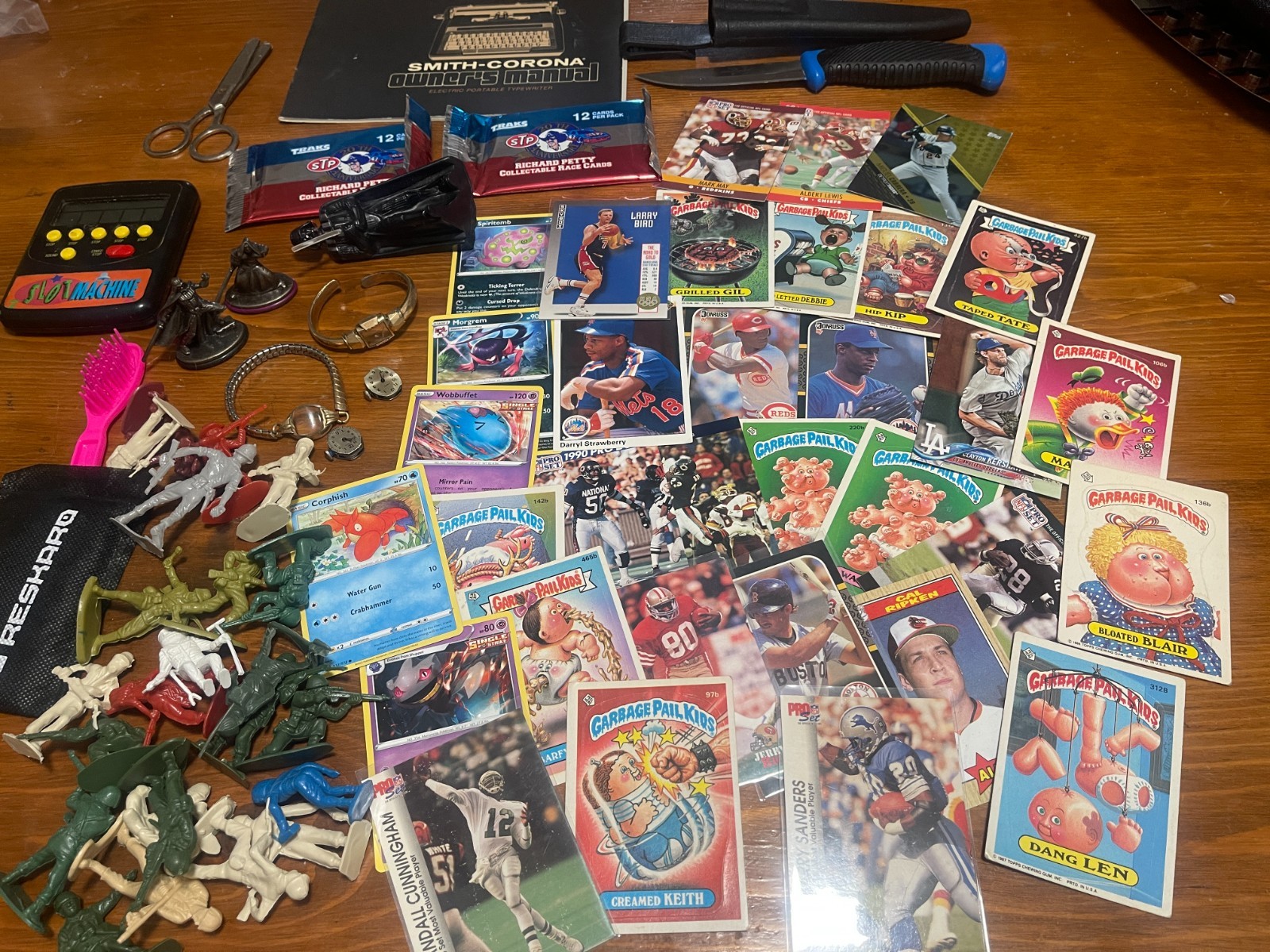 Vintage Junk Drawer Lot KNIFE ,BASEBALL , BASKETBALL Cards, GPK, CDS, Pokémon