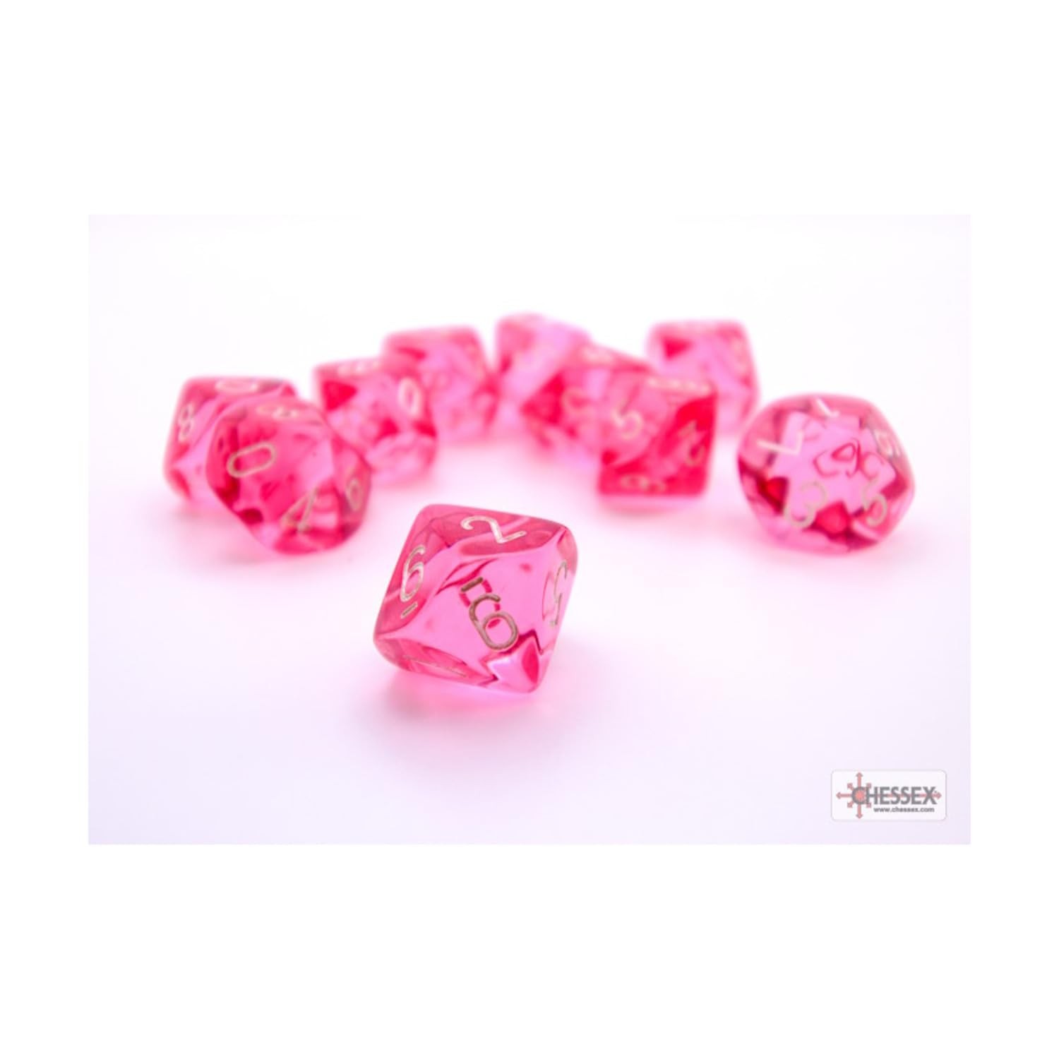 Pink Translucent D10 Dice White Numbers 16mm 5/8in Set of 10 Chessex