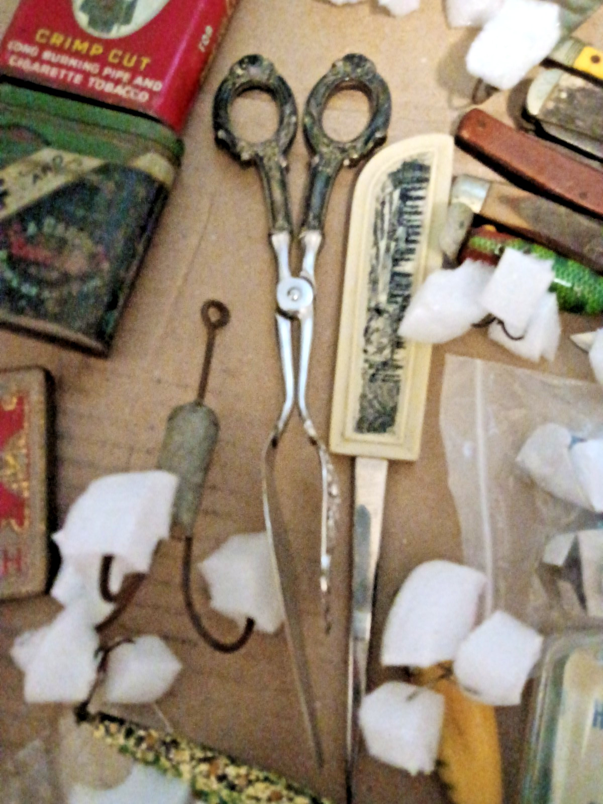 Junk Drawer Lot Vintage & Modern Lures Knives Tobacciana Ephemera Eyeglasses etc