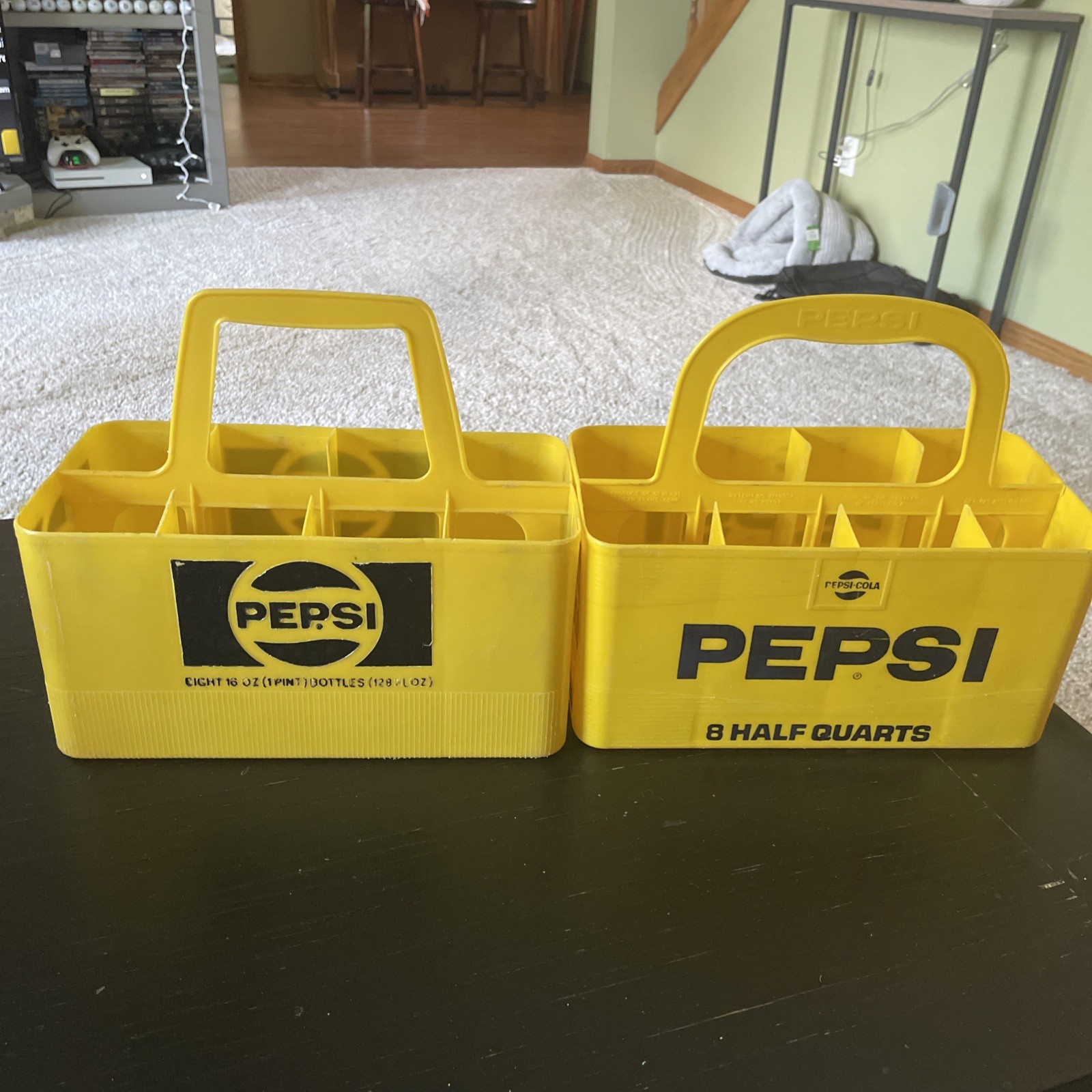 Two Vintage PEPSI Yellow Plastic 8 Pack 16 oz. Bottle Carrier Old Crate Holder