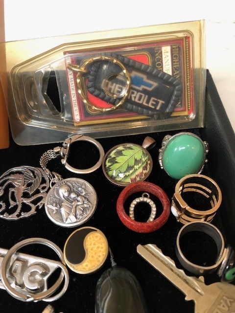 Junk Drawer Lot estate coins keychains pins box keys brass belt buckle stamps