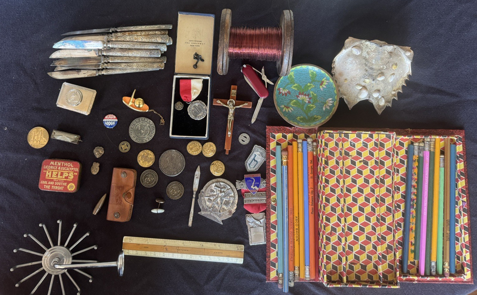 Mens Vintage Junk Drawer Advertising Pencils Worlds Fair Pin Tin Harmonica Coins