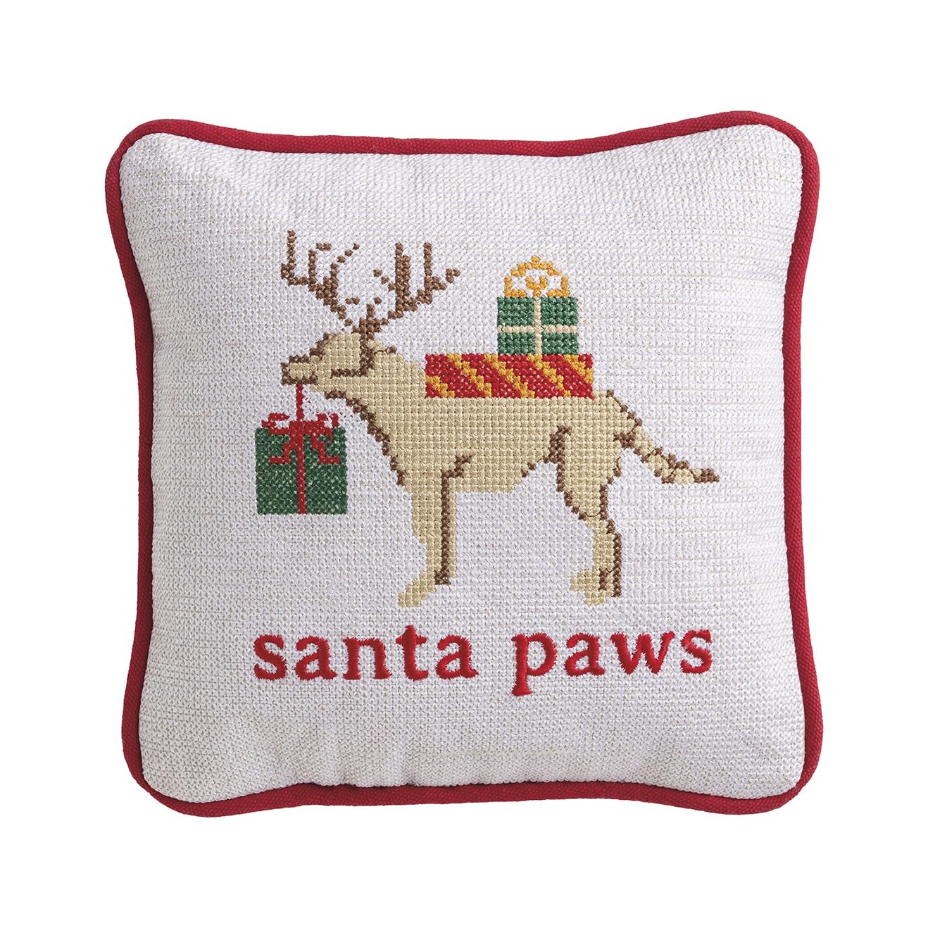 Mud Pie Christmas Santa Paws Needlepoint Pillow, 8″ x 8″, White