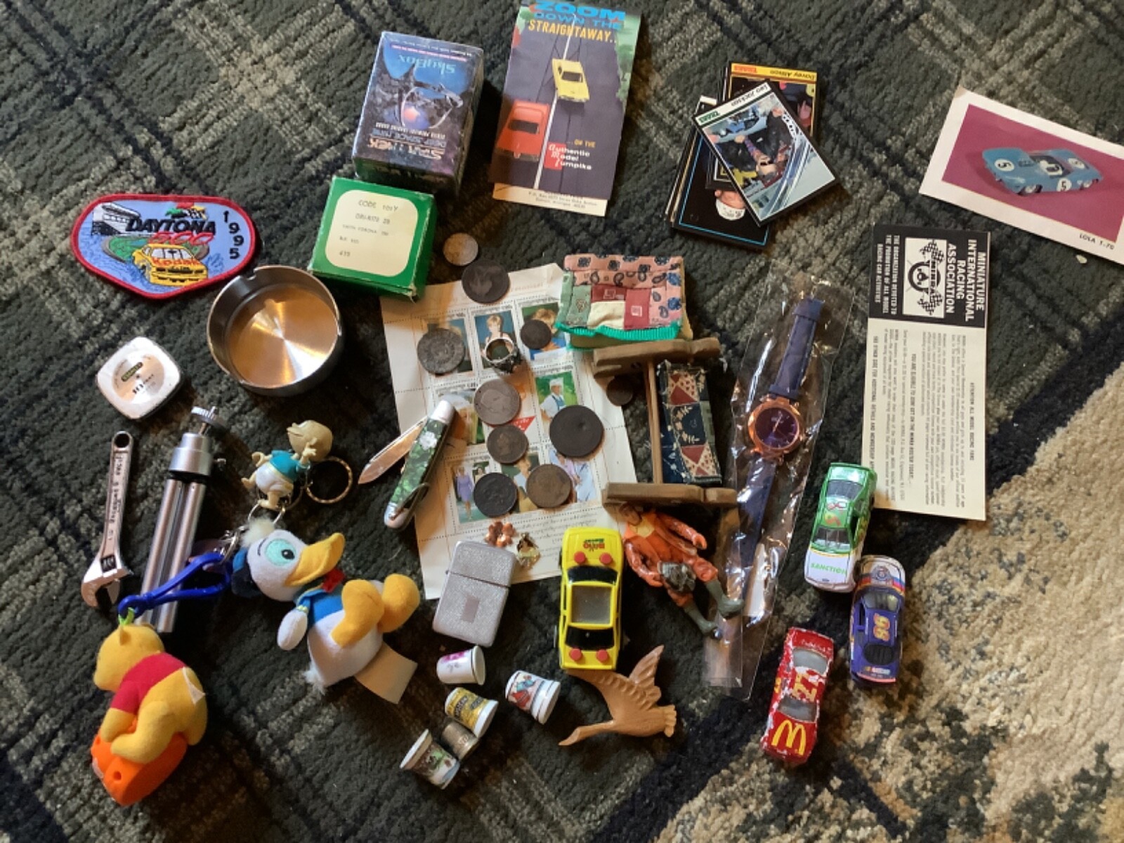 Junk drawer lot Silver coin tokens thimble knife tokens antique sports toy
