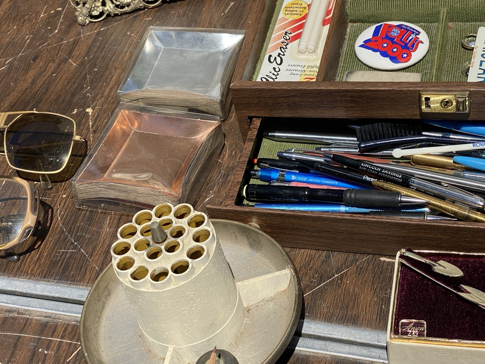 Vintage junk drawer lot jewelry Valet Box Pins Pens Sunglasses Clock estate sale