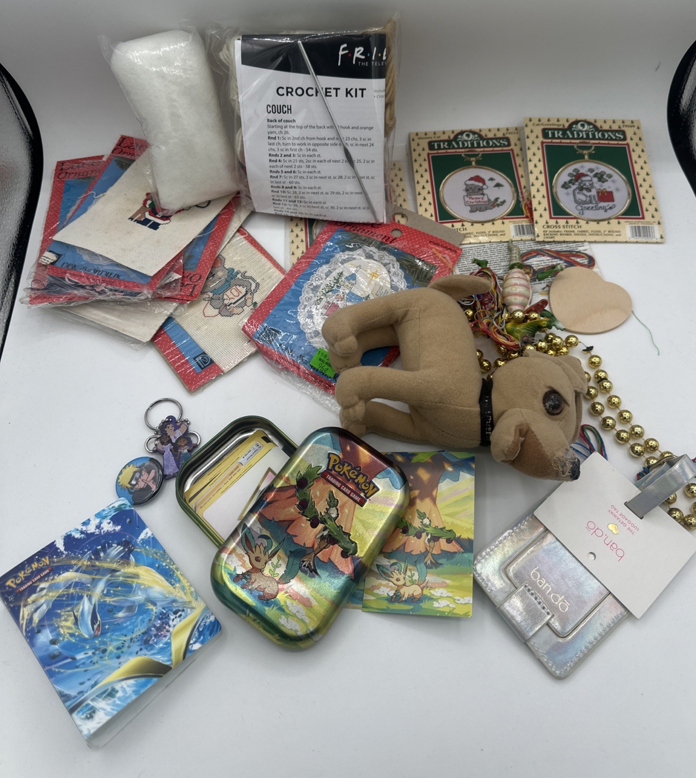 Junk Drawer Lot Miscellaneous VTG Cross Stitch Pokemon Cards Xmas Friends Naruto