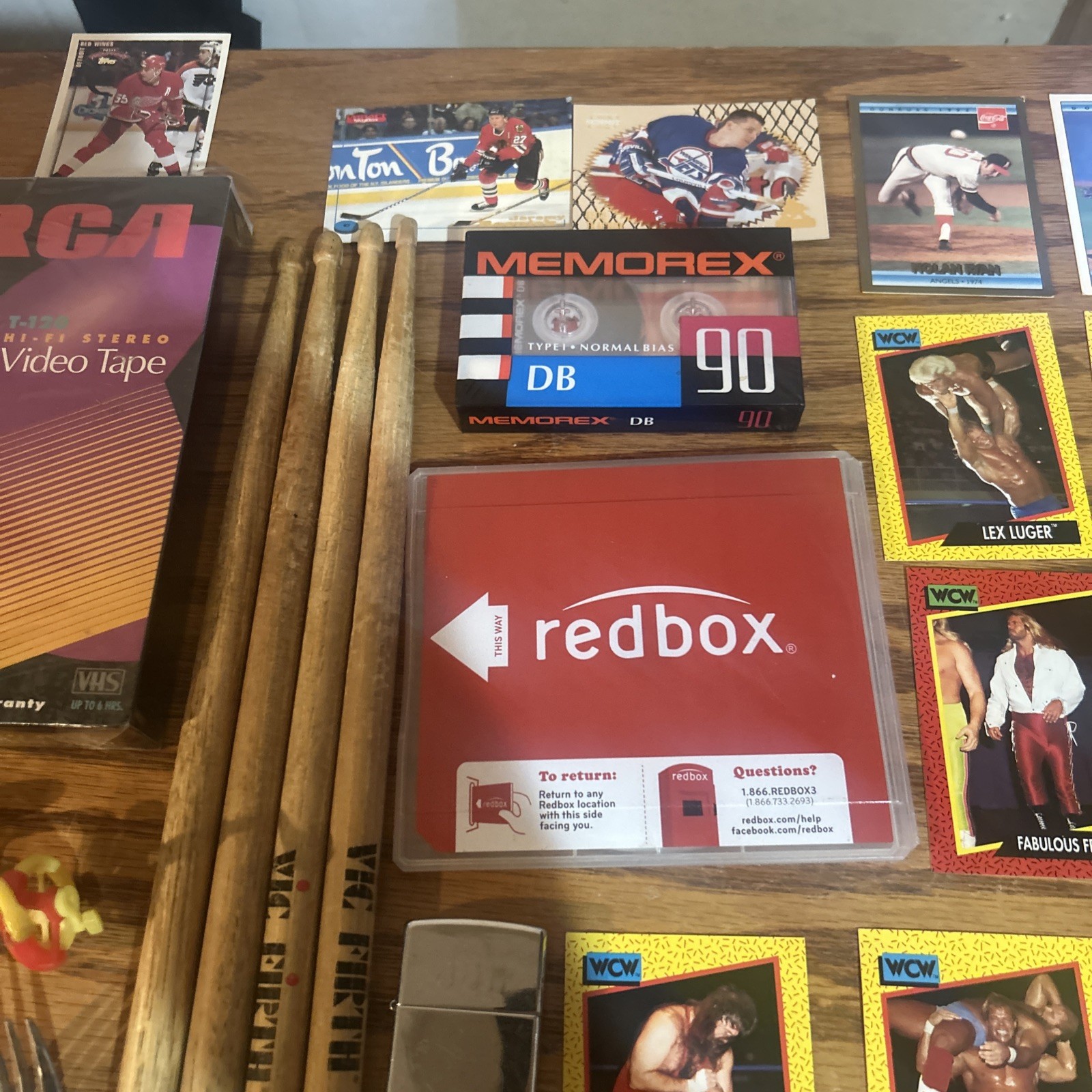 Vintage Junk Drawer Mixed Lot Stuff Zippo Wcw Drum Sticks VCR Cassette