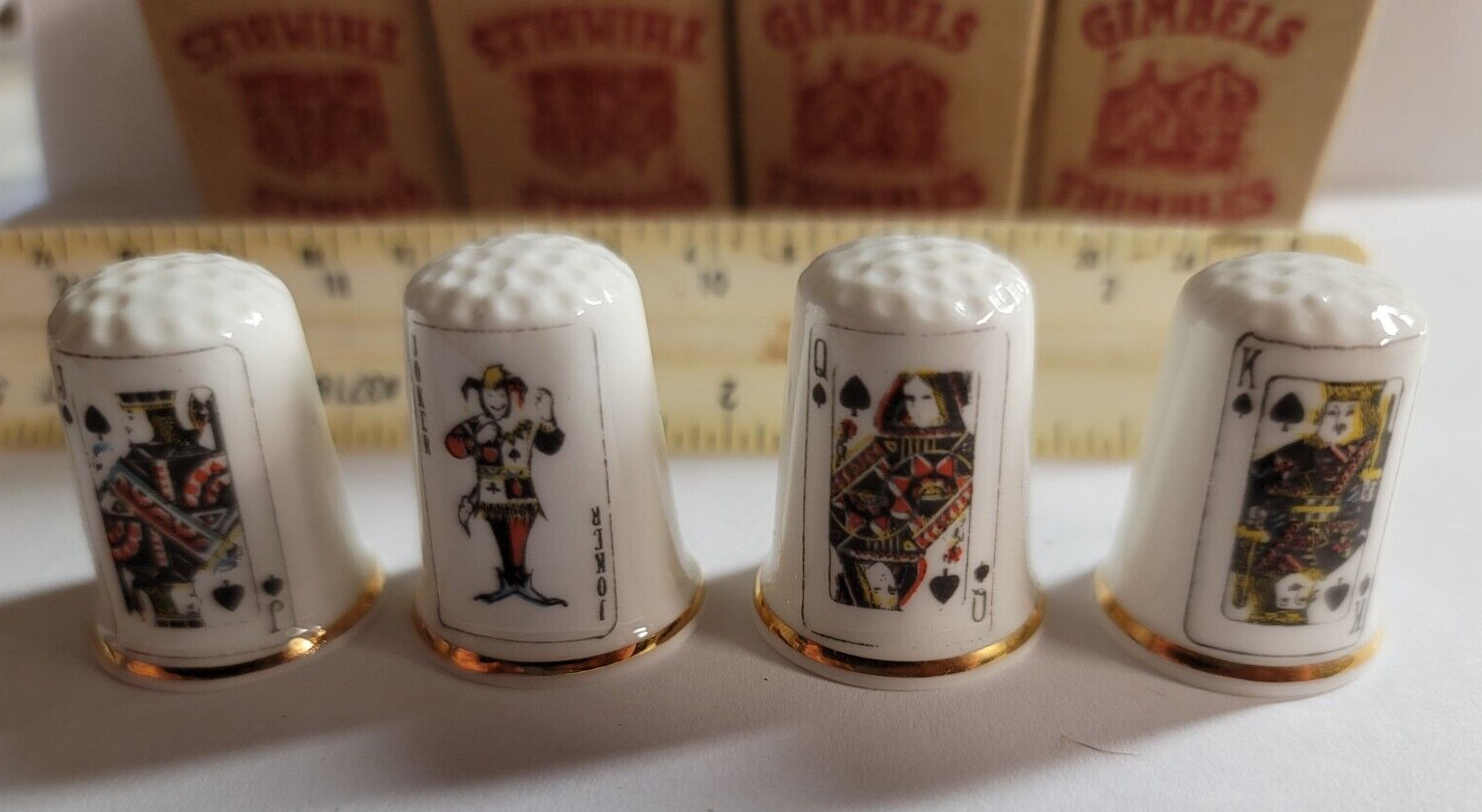 NEW SET OF 4 KING QUEEN JACK JOKER SPADES GIMBELS THIMBLES FINE BONE CHINA UK