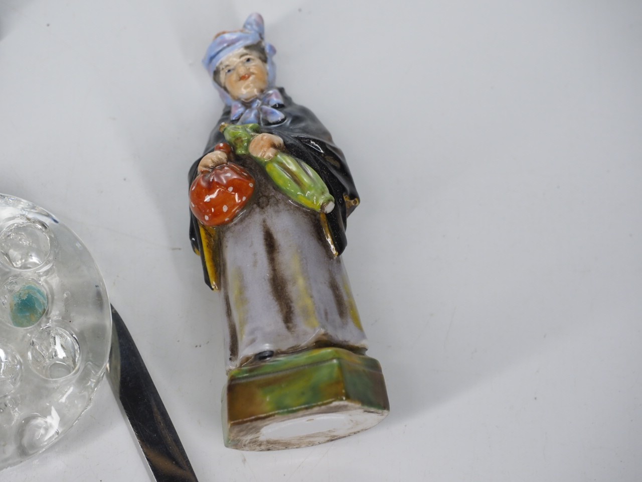 Junk drawer lot knife, figurine, pewter, matches.