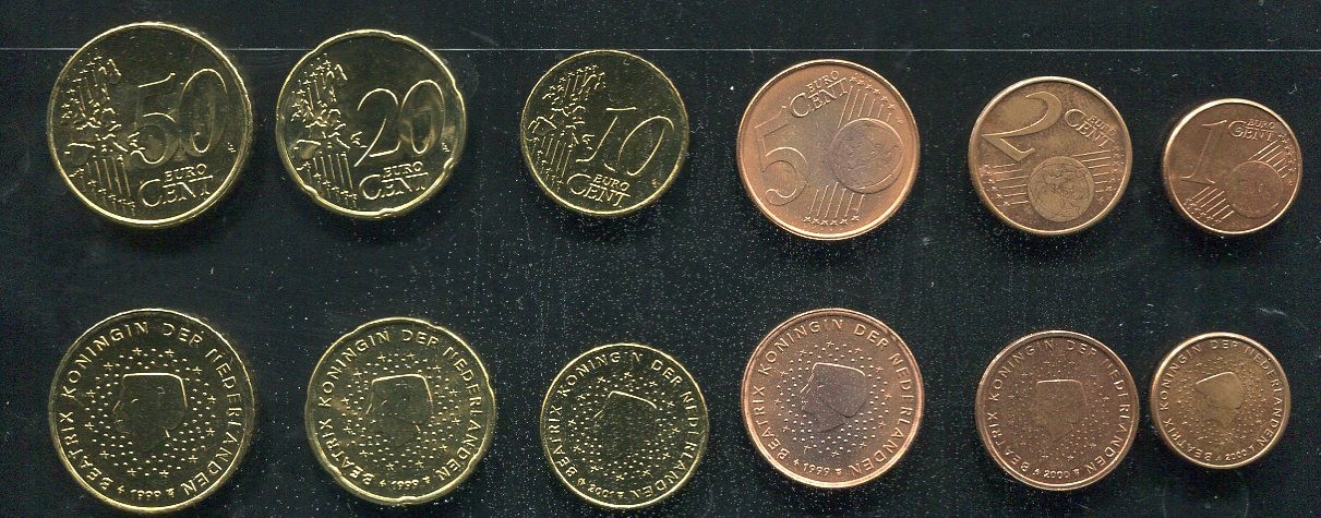Netherland set 6 coins，1,2,5,10,20,50 Cent 1999 UNC