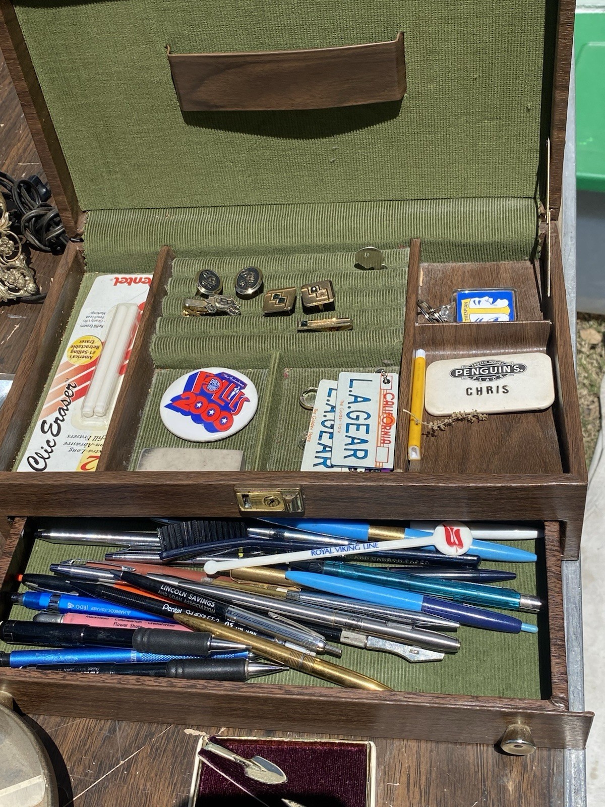 Vintage junk drawer lot jewelry Valet Box Pins Pens Sunglasses Clock estate sale