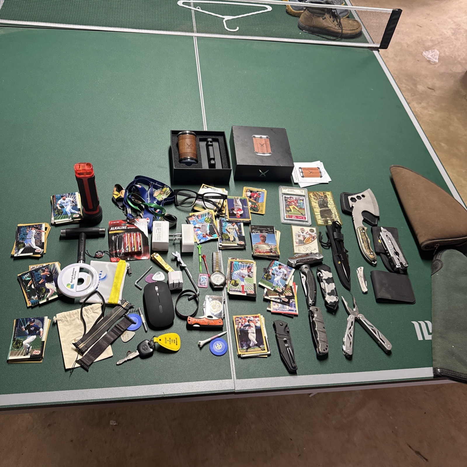 Large Junk Drawer Lot Knives Multitool Cards Stevie Smith Slab Wallet Flashligh