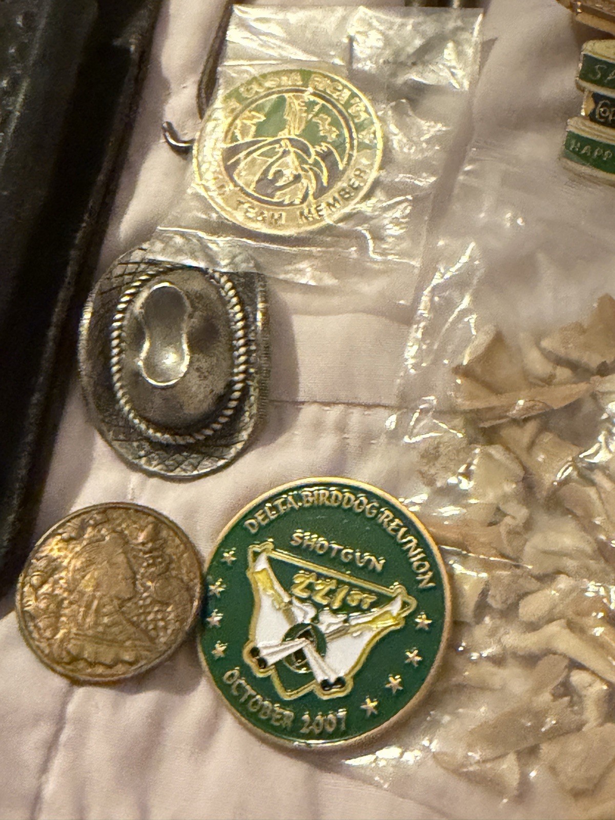 VTG Collectibles Lot: Coins, Pins, Watch, Knife, Shark teeth, junk drawer +++
