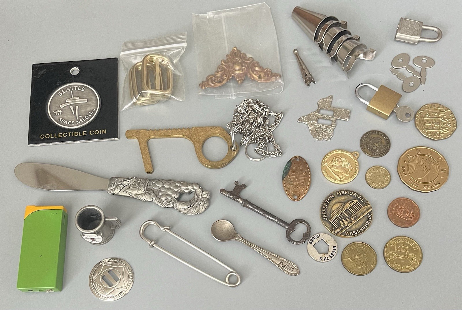 VTG Junk Drawer All Metal Misc Items Coins-Keys-Lock-And More
