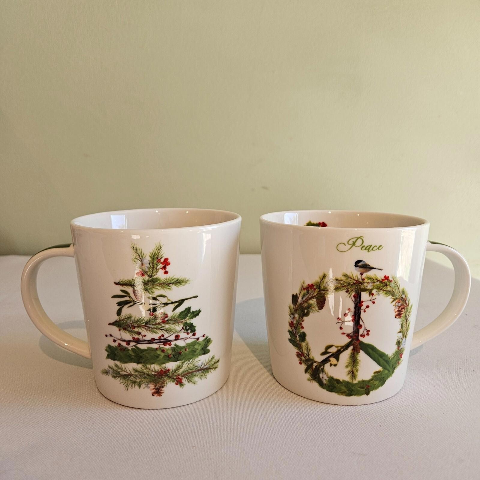 Set of 2 Christmas Mugs Tree Peace Scott Church Bone China Holidays Wreath Bird