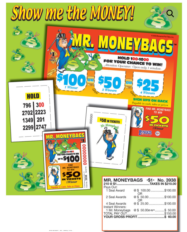 Pull Tab Tickets – Hard Card – Game – 6 Pack – Mr. Money Bags – 210 ct ea