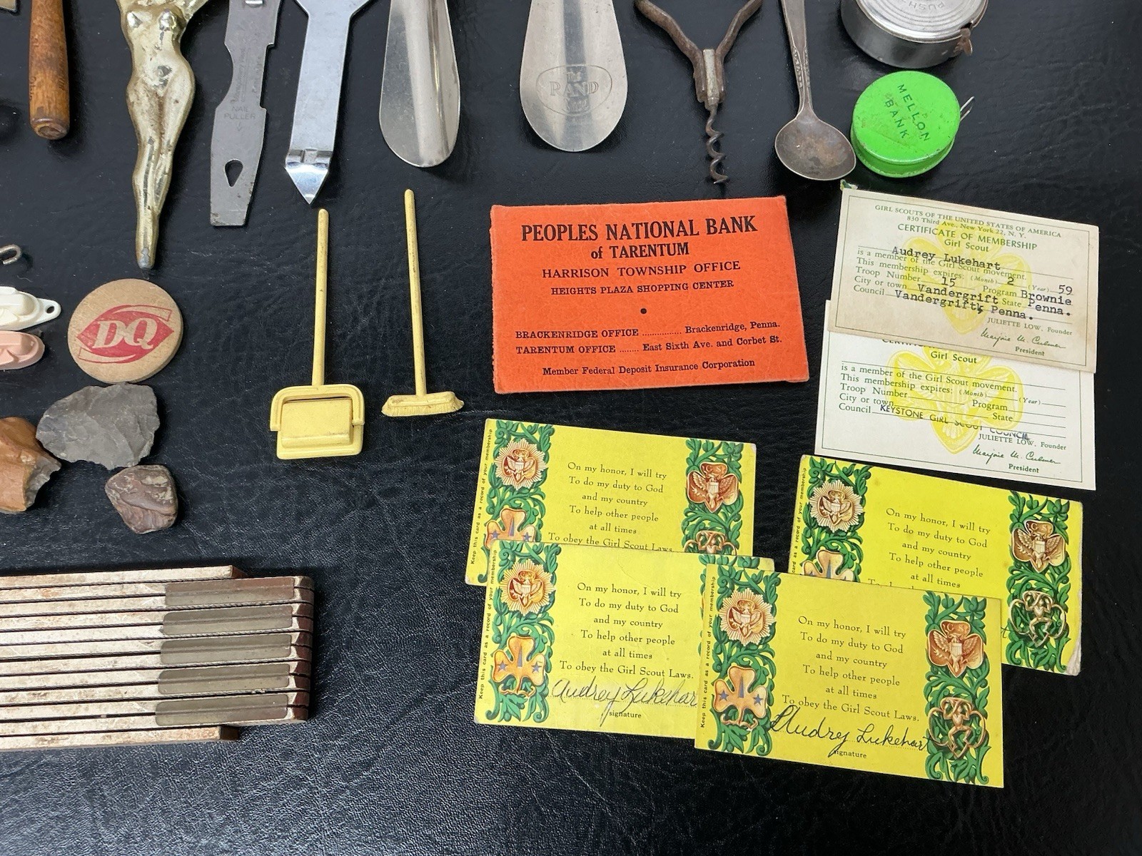 Vtg Junk Drawer Lot Skeleton Clock Key Bell Zippo Toys Tape Measure Opener Pins