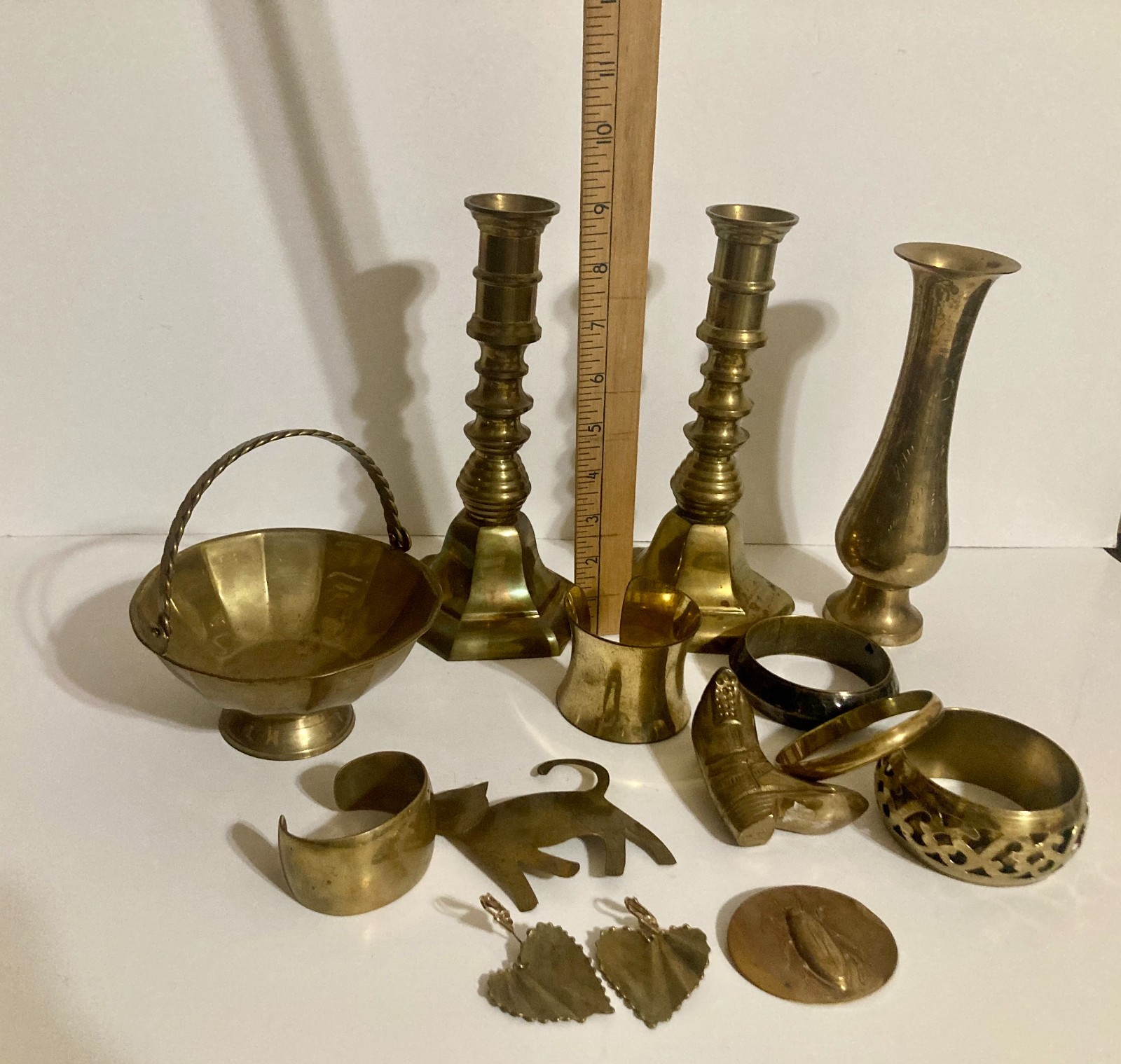 Vintage Junk Drawer Lot Brass- Candlestick Vase Basket Jewelry