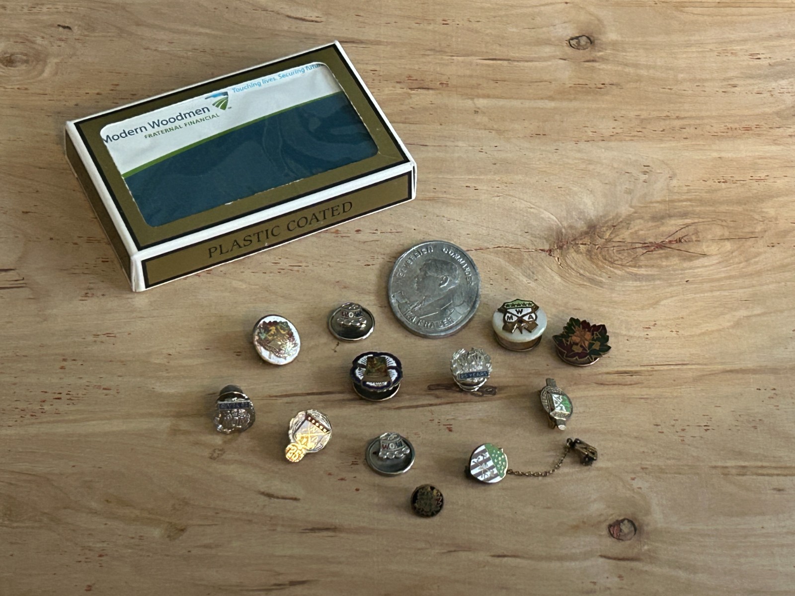 MWA WOW Vintage Junk Drawer Lot of 14 Cards Token Lapel Pin Button Woodmen
