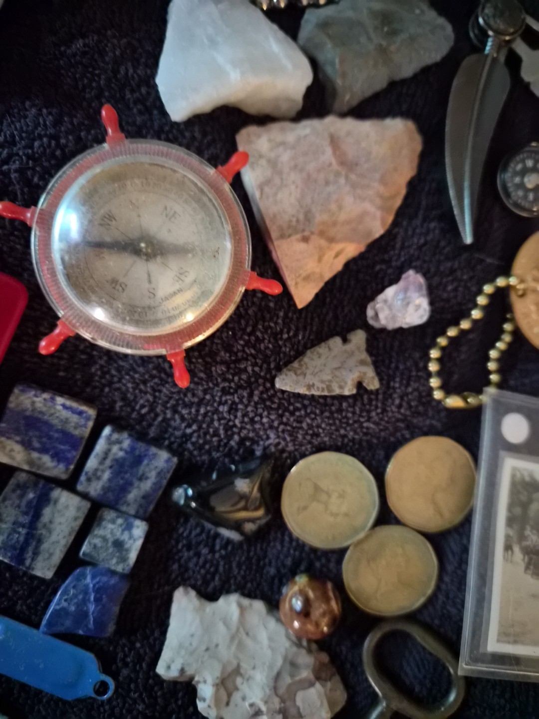 Vintage Junk Drawer – Coins, Arrowheads, Fossils, Knives Compass, & Collectibles