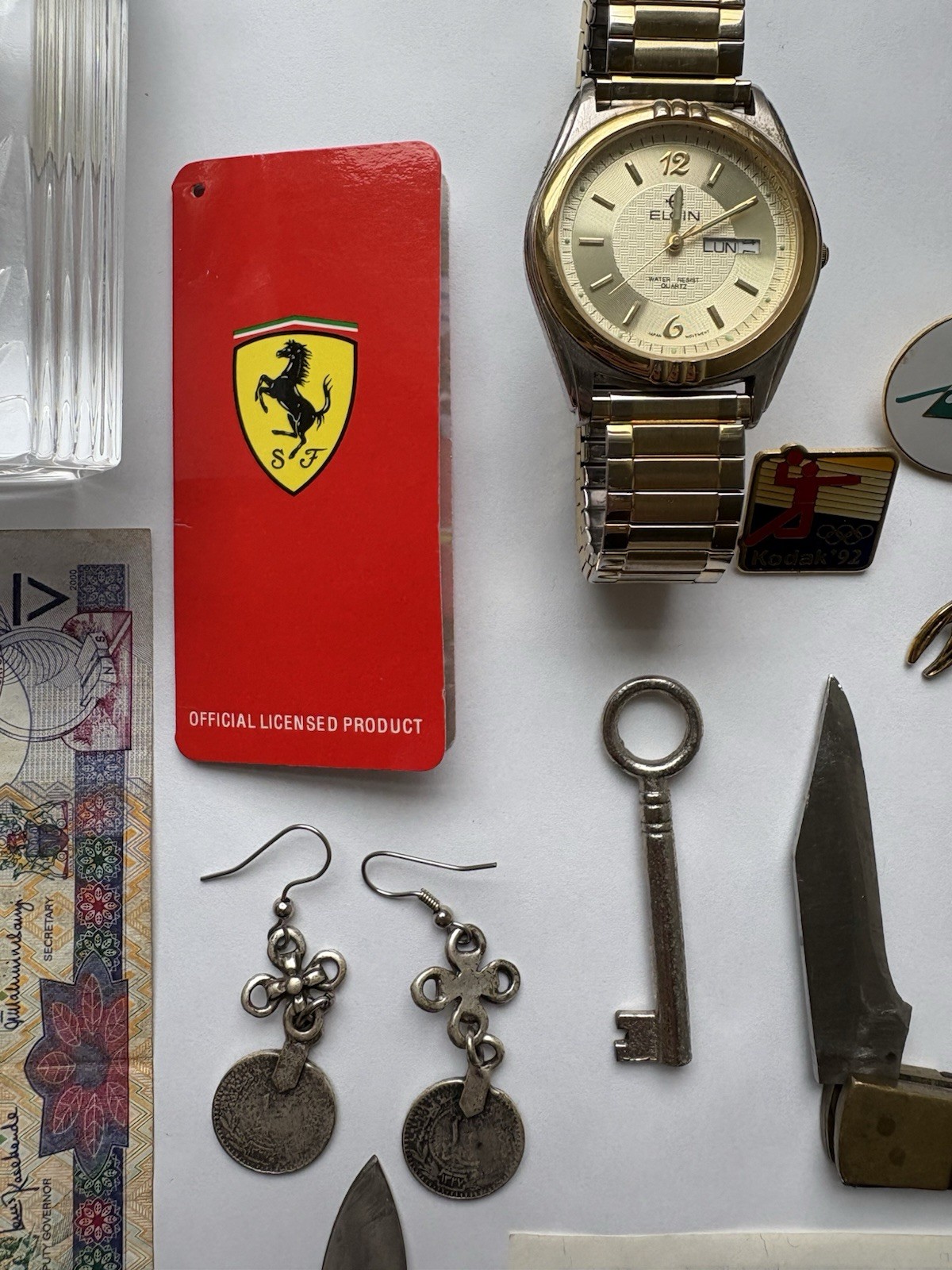 Junk Drawer Lot Antique Vintage Knives Trinkets Coins Watches Pins Currency