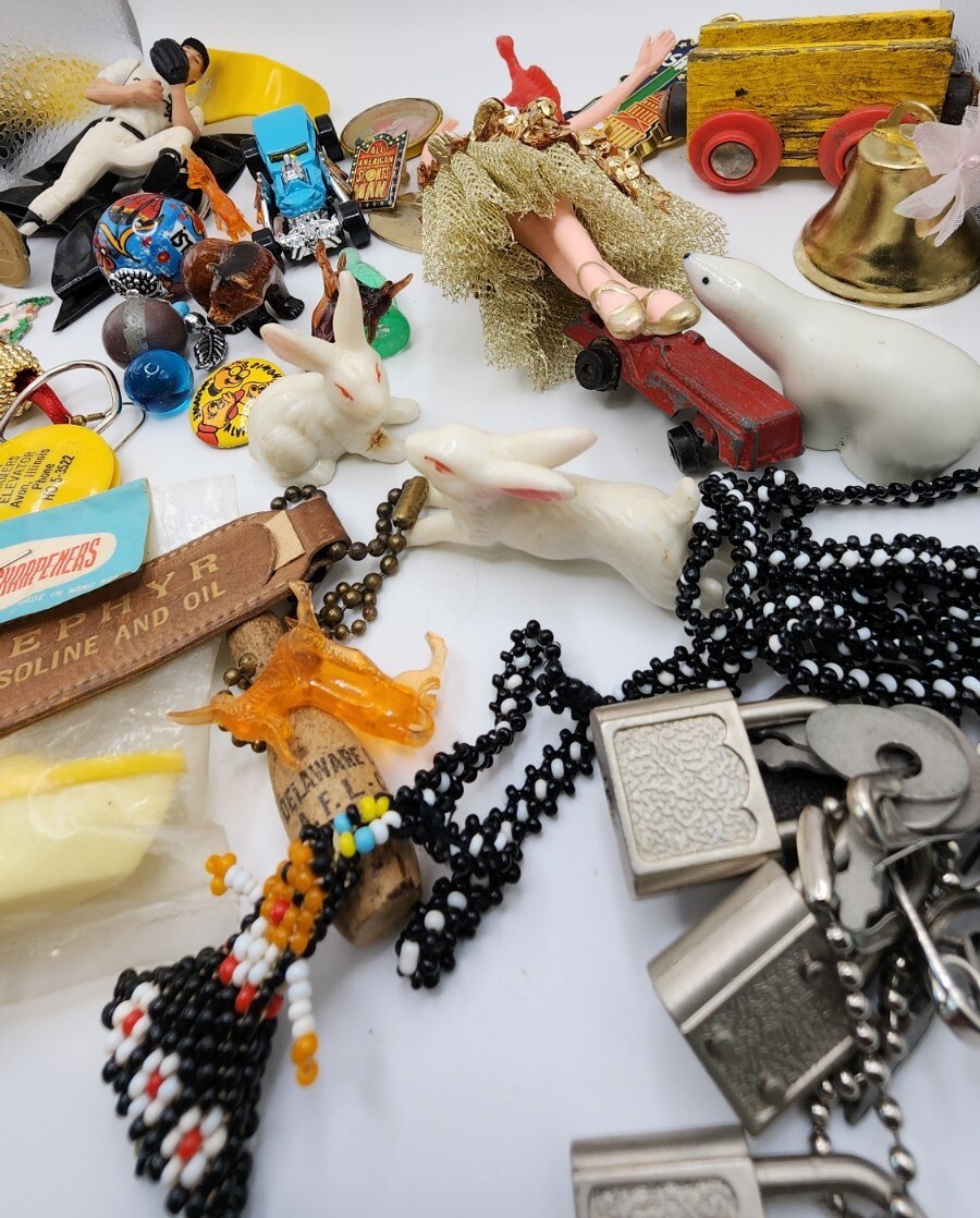 Vintage Antique Junk Drawer Lot Toys Keychain Pin Figurines Mixed Materials