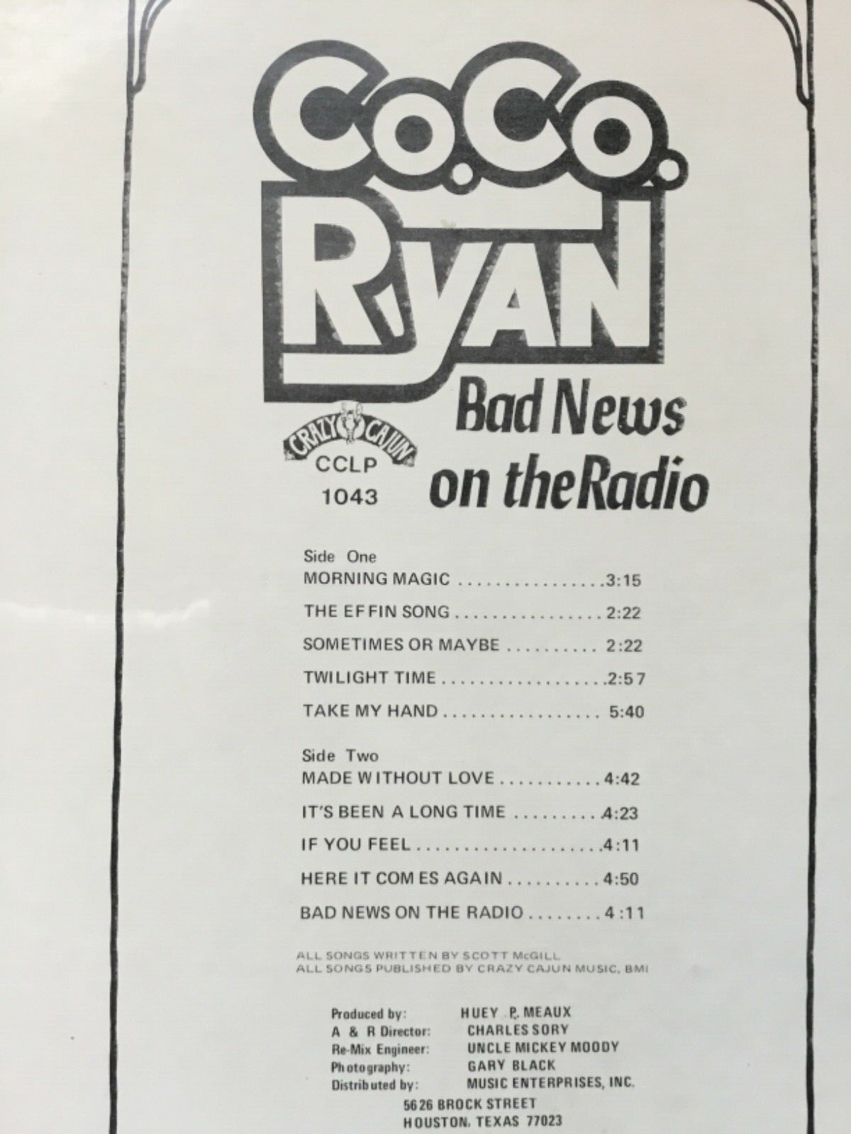 Co. Co. Ryan BAD NEWS ON THE RADIO Cajun/Americana MINT LP+bonus CD Scott McGill
