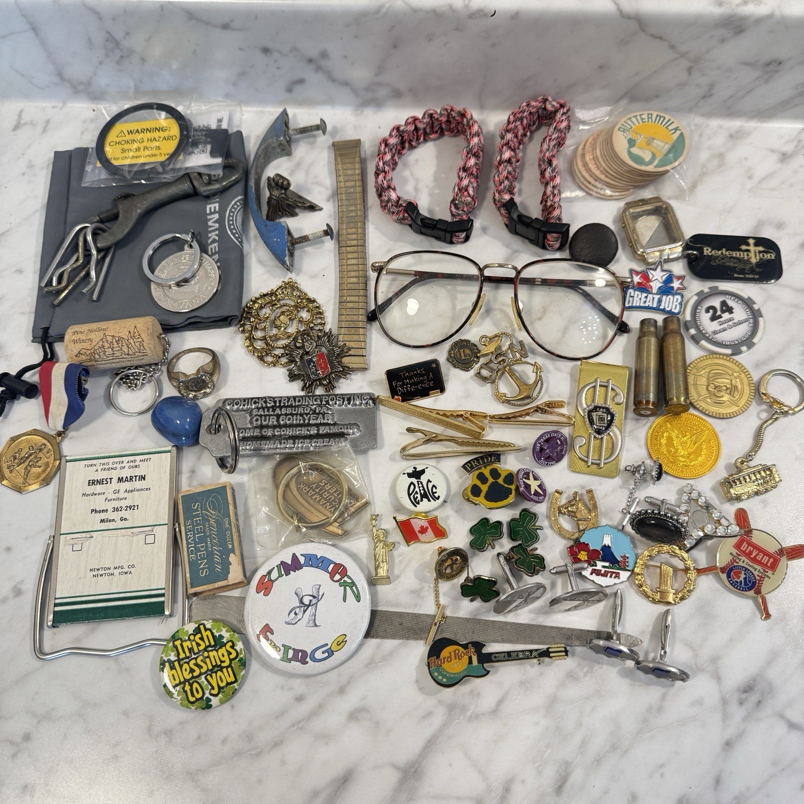 60 + pc Grandpa’s Junk Drawer Lot Collectible Keychains Coins Pins Cufflinks