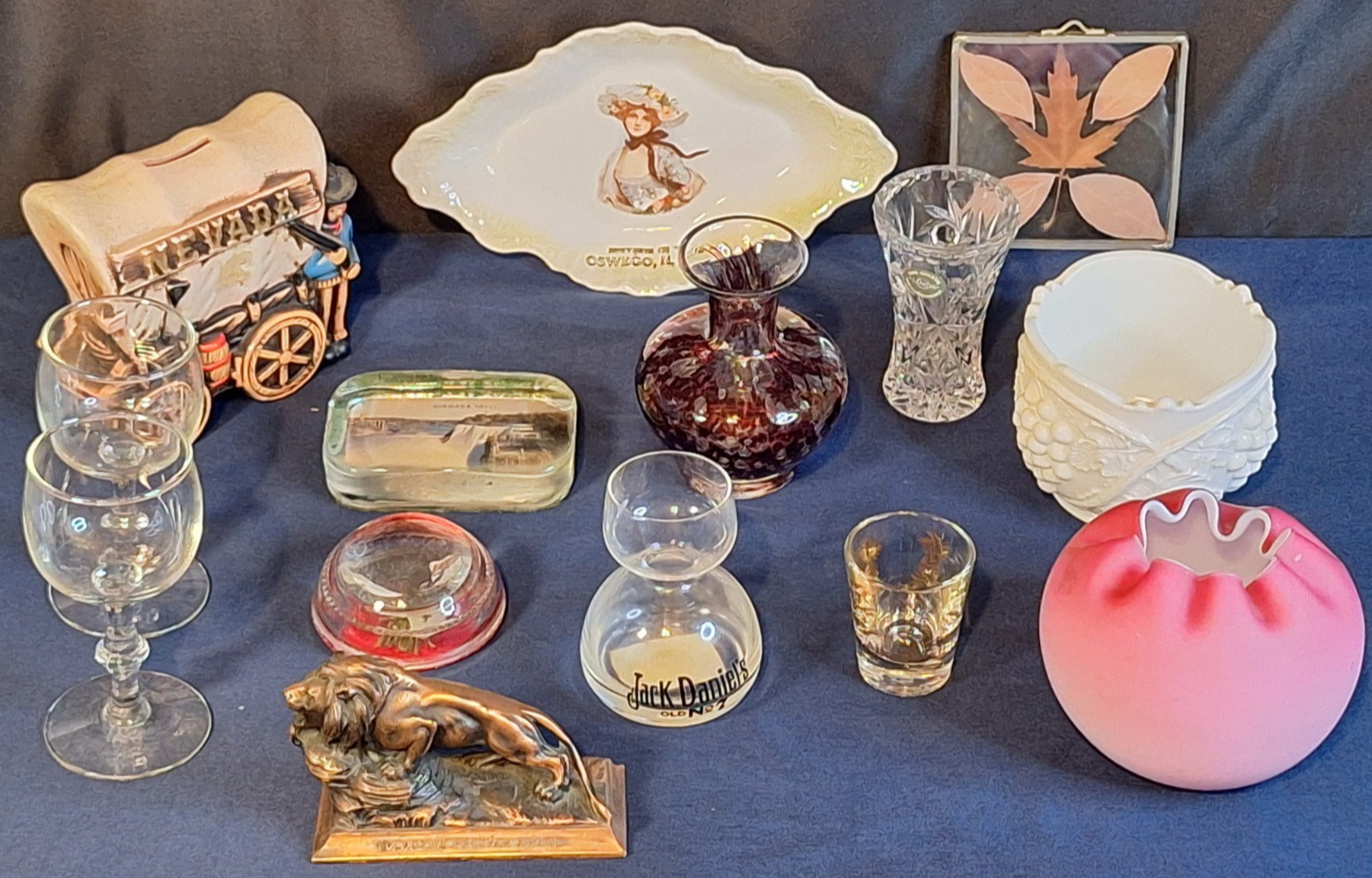 Lot of 14 VTG Ceramic Figurines, Amythyst Art Glass Vase, Lions Club, Bank (#4)