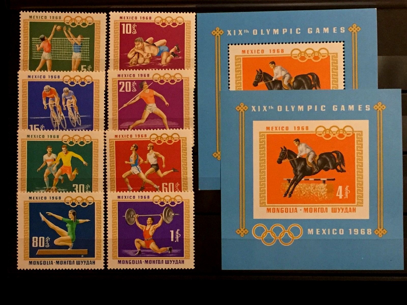 Vintage1968 ORIGINAL 2 Blocks & 8 Post Stamps Mongolia XIX Olympic Games Mexico