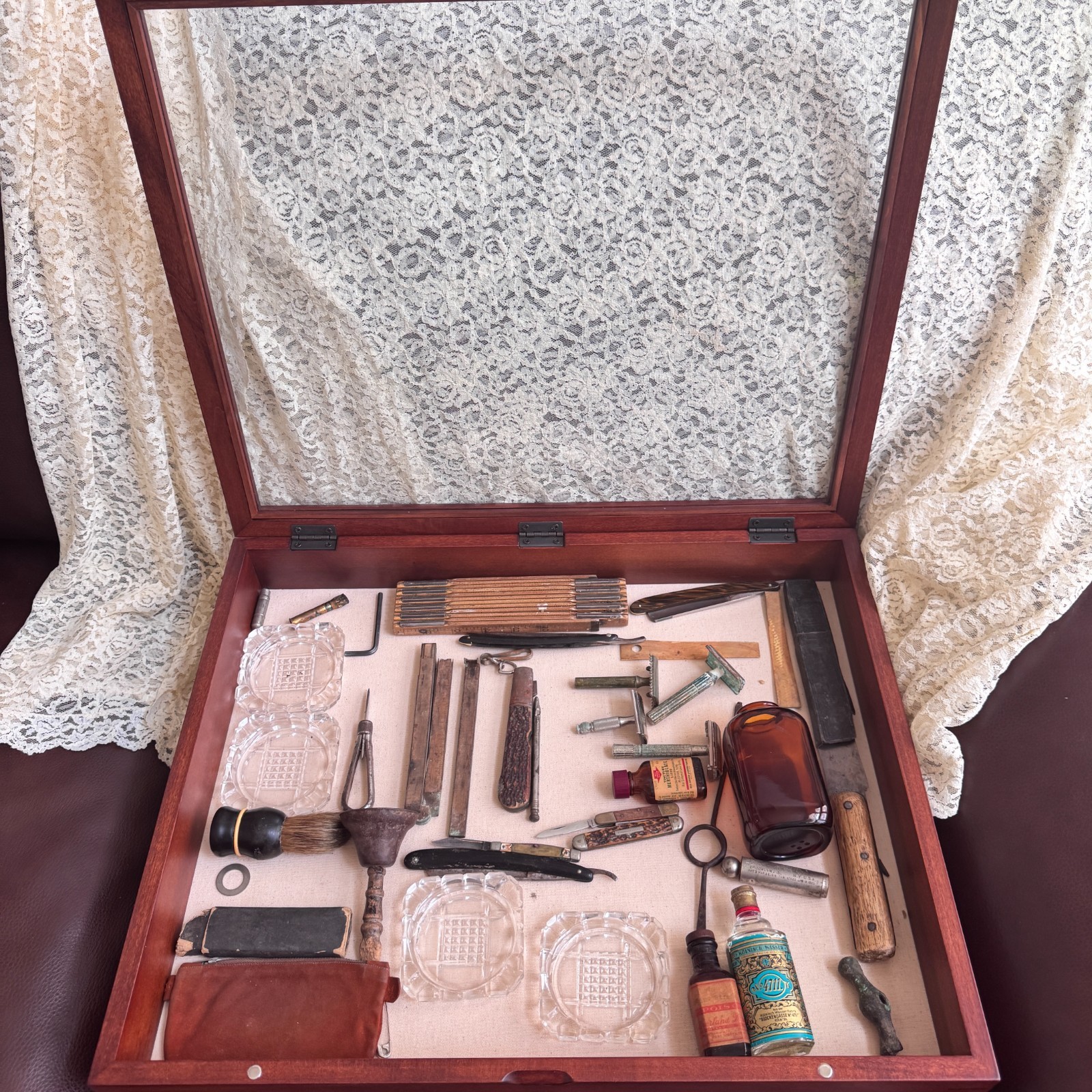 RARE Vtg Gentleman’s Junk Drawer Lot Shadow Box 30pc Shaving Apothecary Display